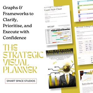 Könnte beinhalten: Eine Sammlung visueller Planungswerkzeuge, darunter ein Buch mit dem Titel "The Strategic Visual Planner" und verschiedene Arbeitsblätter. Das Buchcover zeigt eine Figur im Anzug mit einem Globus-Kopf. Der Text enthält "Graphs & Frameworks to Clarify, Prioritise, and Execute with Confidence."