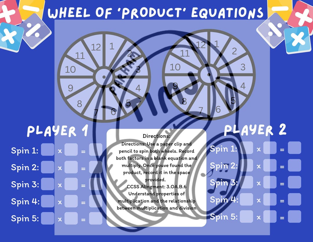 Multiplication Spin Wheel of Product Game Printable Math Game for 3rd ...