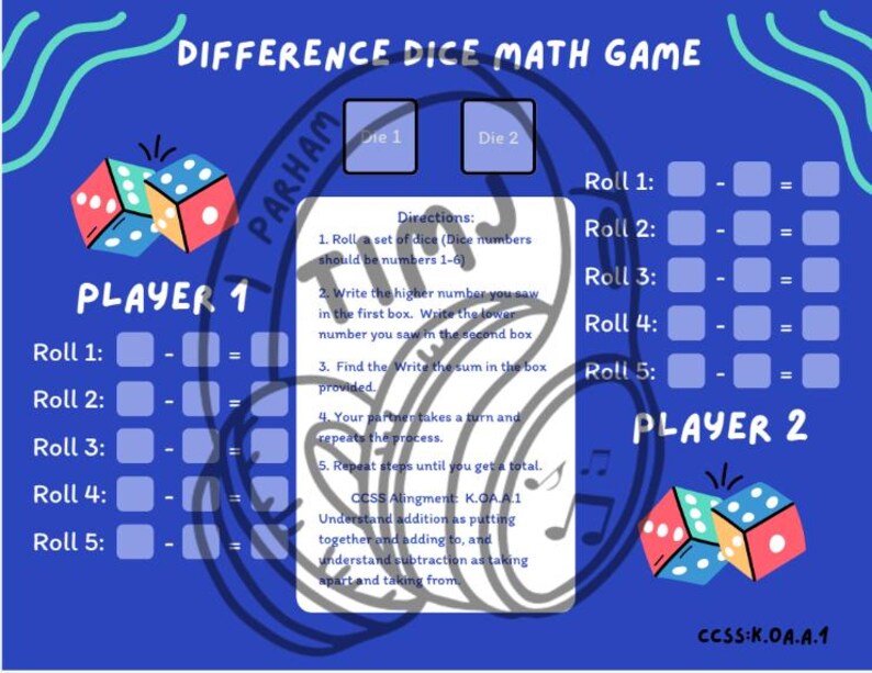 Addition/subtraction Dice Game Printable Math Game for Kindergarten ...