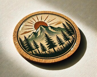 Nature Cork Coasters | Mountain & Tree Drink Coasters | Rustic Personalized Table Decor