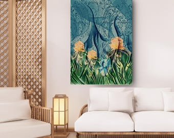 Art floral sur toile iris jaune, impression botanique murale élégante avec fond bleu fleuri, décoration d&#39;intérieur inspirée de la nature