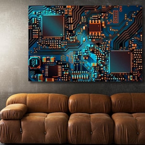 Futuristisk kretskortskonst: Teknikinspirerad modern väggdekor, flytande ramkonstverk