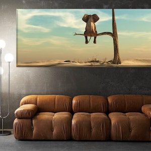 Surreal Elephant on Branch Canvas Print: Whimsical Animal Wall Art