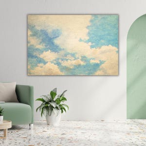 Vintage Wolkengebilde Wandkunst - Aquarell Druck mit sanft blauem Himmel, Pastell Wolken, beruhigende Natur Dekoration für Schlafzimmer oder Wohnzimmer