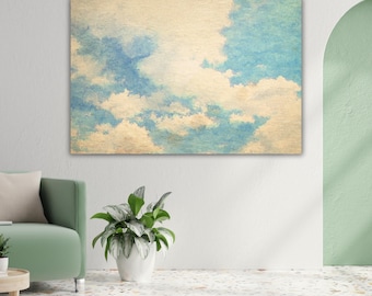 Vintage Cloudscape Watercolor Print: Soft Blue Sky Canvas Wall Art