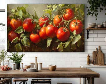 Arte mural de tomatera: lienzo rústico para cocina, decoración de verduras de granja