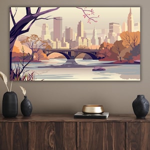 New York City Skyline Wandbild - Central Park Brücke Illustration Druck, Herbst Urban Landschaft Poster, Moderne NYC Dekoration für Wohnzimmer