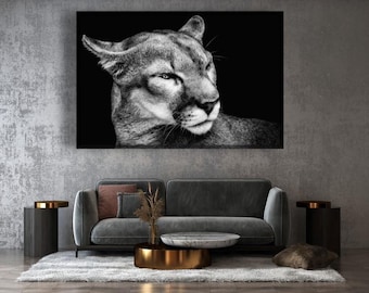 Black and White Puma Portrait Canvas Art: Wildlife Decor
