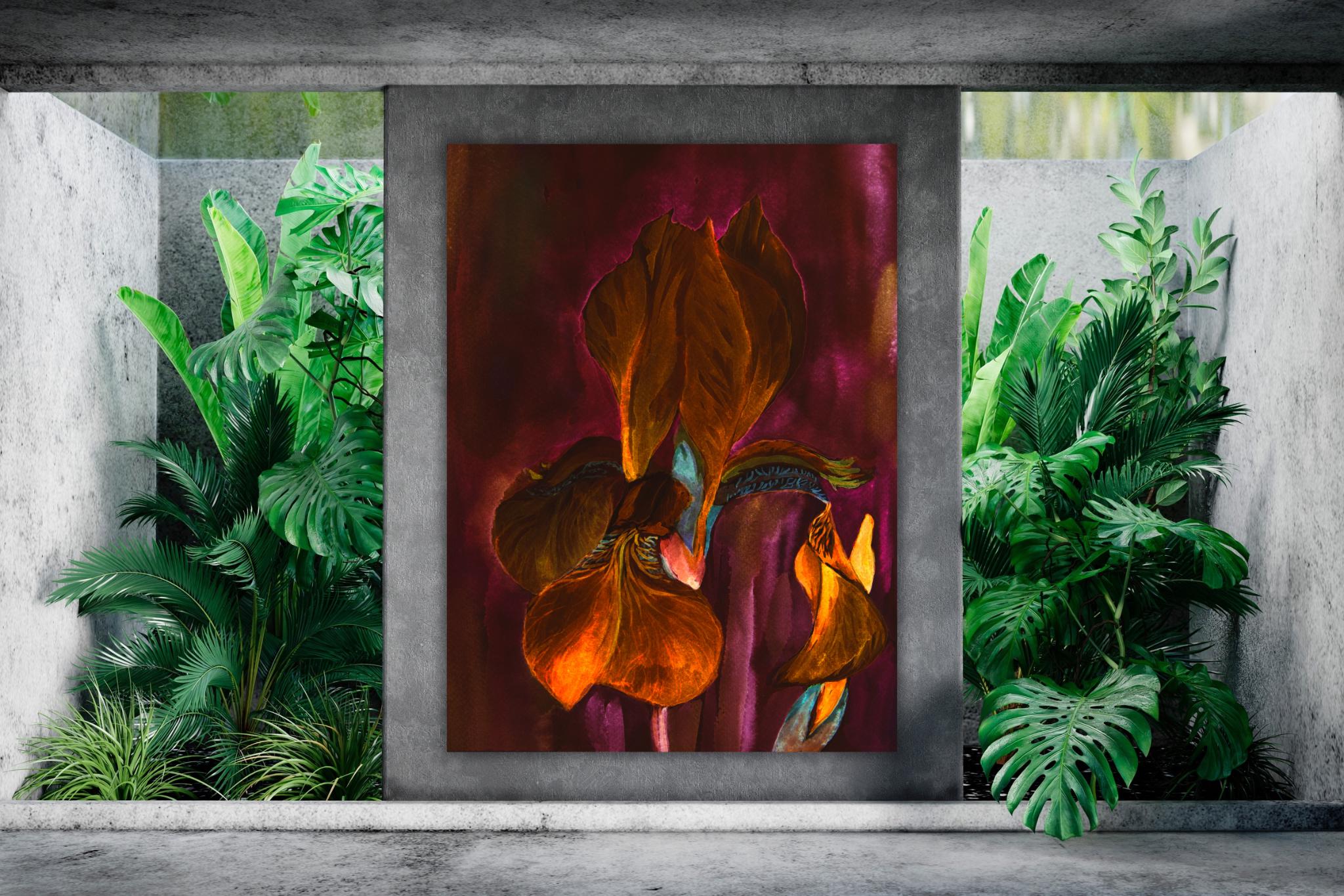 Iris fougueux – oeuvre d'art murale botanique | Impression sur toile fleur audacieuse | Décoration florale bordeaux foncé et orange