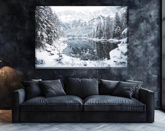 Winter Mountain Lake Canvas Art: Black and White Snowy Landscape