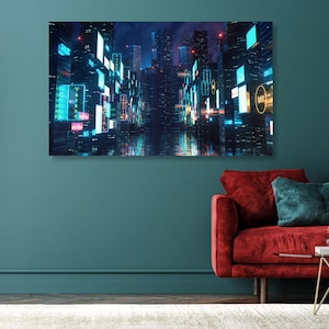 Cyberpunk Cityscape Wall Art ,Neon Futuristic Skyline Print, Sci-Fi Urban Night Canvas, Digital City Lights Artwork for Gamers & Tech Lover