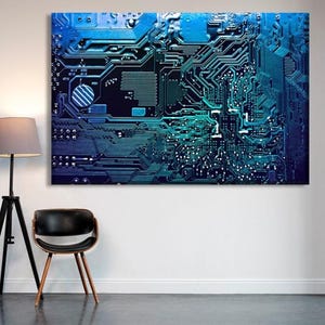 Blue Circuit Board Wall Art ,Futuristic Tech Canvas Print for Office or Gamer Room
