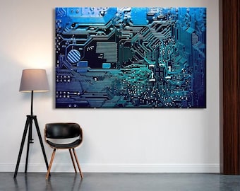 Blue Circuit Board Wall Art ,Futuristic Tech Canvas Print for Office or Gamer Room