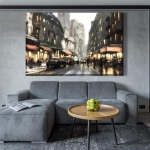 Rainy City Night Canvas Art – Urban Street Scene Wall Decor | Modern Cityscape Painting for Living Room or Office