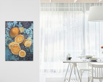 Art mural d&#39;agrumes - impression sur toile orange et citron, décoration de cuisine colorée avec un fond floral artistique