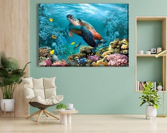Sea Turtle Ocean Wall Art – Vibrant Coral Reef Canvas Print | Underwater Marine Life Decor