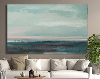 Cuadro abstracto de paisaje marino sobre lienzo, pintura del océano, gran decoración de pared costera tranquila.