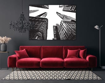 Impresión en lienzo de paisaje urbano en blanco y negro: arte lineal arquitectónico moderno