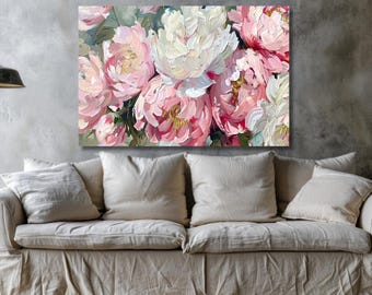 Cuadro de pared con diseño de peonías rosas para dormitorio.