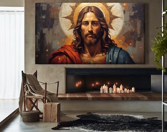 Könnte beinhalten: Ein großer rechteckiger Leinwanddruck von Jesus Christus mit goldenem Heiligenschein. Das Kunstwerk zeigt ein Porträt mit rotem Gewand und blauem Kleidungsstück. Das Bild wird über einem Kamin mit brennenden Kerzen, einem Stuhl und einem Holzschemel angezeigt.