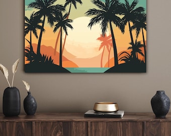 Tropischer Sonnenuntergang Palme Druck: Retro Strand Wandkunst