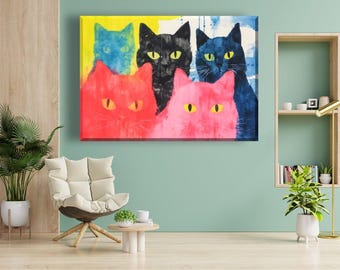 Pop Art Cat Canvas Print: Modern Colorful Feline Wall Art
