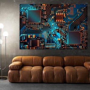 Futuristic Circuit Board Canvas Wall Art , Tech-Inspired Digital Print for Modern Home or Office Decor