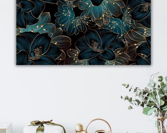 Toile florale bleu sarcelle : oeuvre d&#39;art murale botanique élégante