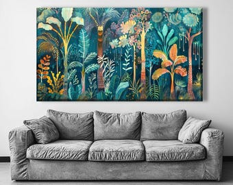 Tropical Jungle Wall Art Canvas Print, Botanical Rainforest Decor, Colorful Green Nature Artwork