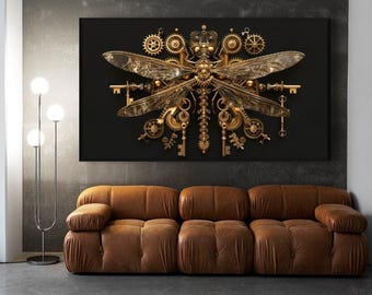 Arte em tela de libélula steampunk: inseto mecânico dourado, decoração gótica para casa