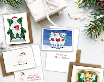 Christmas Sheep Watercolor Greeting Card Set with Kraft Envelopes