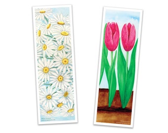 Bookmarks - Set of 4 - Daisies and Tulips - Handmade, 100% cotton rag heavy weight paper
