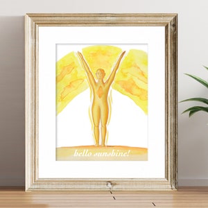 Fine Art Print - The Yoga Series - Sun Salutation - Hello Sunshine, Watercolor Yoga Art Print with White Matte
