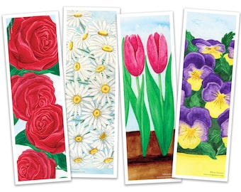 Bookmarks - Set of 4 - The Floral Series - Roses, Tulips, Daisies, Violets, Handmade, 100% cotton rag heavy weight paper