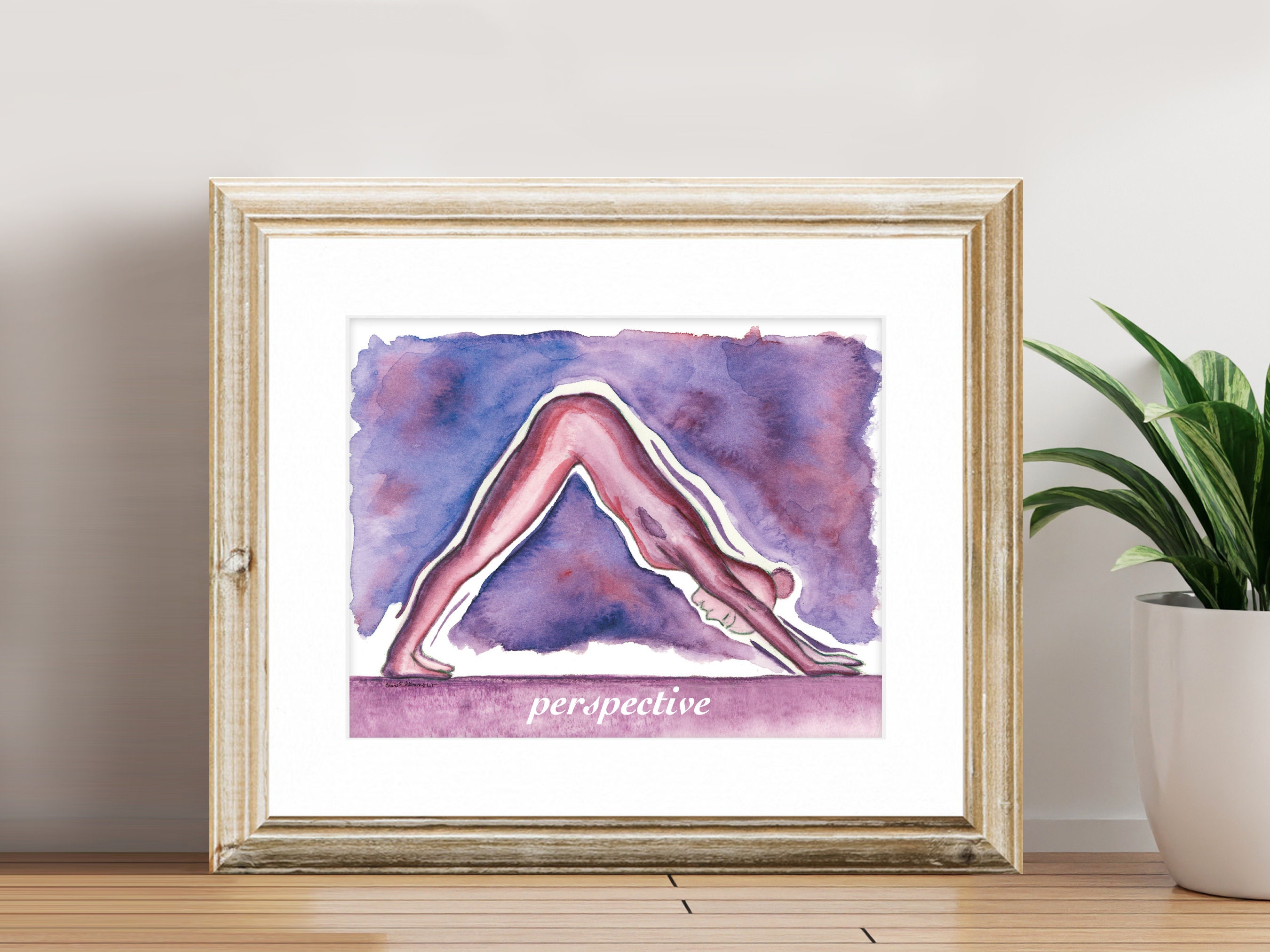 Fine Art Print - The Yoga Series - Downward Dog - Perspective, Watercolor Yoga Art Print with White Matte