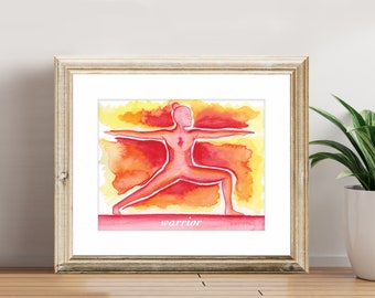 Fine Art Print - The Yoga Series - Warrior, Watercolor Art Print with White Matte, Yoga Art Print
