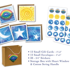 12 cadeaubonnen met enveloppen en 30 stickers in geschenkverpakking - The Sky Series - Rainbow, Sun, Moon, Stars + 12 grote ronde stickers