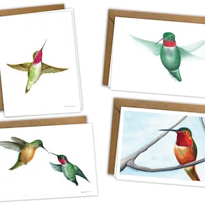Colibrí Tarjeta de Saludo Conjunto de 8, en blanco, acuarela original, Gracias, Amor, San Valentín, Simpatía, Amistad, Pájaro, Colibrí