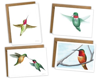 Hummingbird Greeting Card Set of 8, blank, original watercolor, Thank You, Love, Valentine, Sympathy, Friendship, Bird, Hummingbird