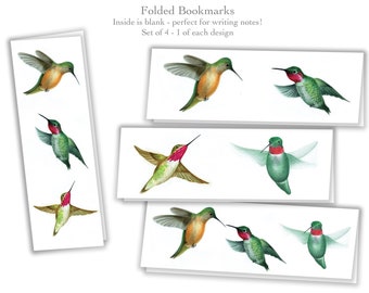 Folded Bookmarks - Set of 4 - The Hummingbird Series - Handmade, 100% cotton rag heavy weight paper