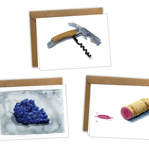 Wine Moments Grußkarten, 9er Set Blankokarten, original Aquarell Malerei, Weintrauben, Weinkorken, Napa Wine, Korkenzieher, Korken, Freundschaft