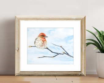 Fine Art Print - House Finch - Winter Woodland Animals Series - Watercolor Art Print with White Matte, Holiday Gift, Winter Gift