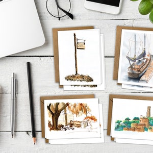 North Beach, San Francisco aquarel wenskaart set van 8, blanco, boot, Coit Tower, Park, Washington Square Park, vriendschap, reizen