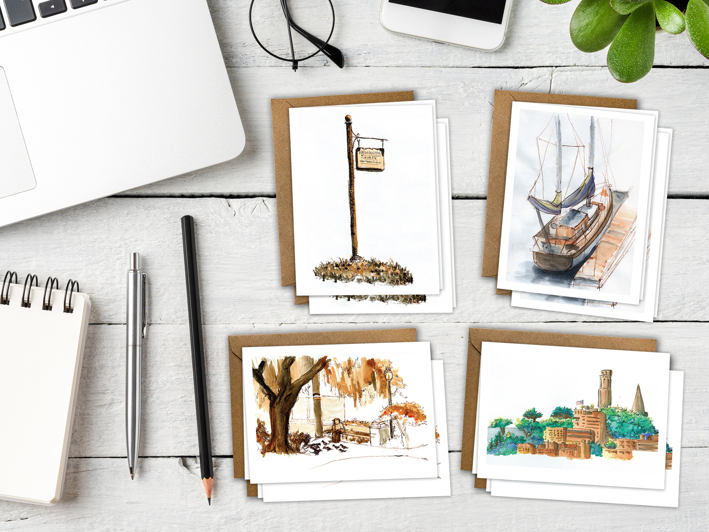 North Beach, San Francisco Watercolor Greeting Card Set of 8, blank, Boat, Coit Tower, Park, Washington Square Park, Friendship, Travel