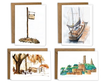 North Beach, San Francisco Watercolor Greeting Card Set of 8, blank, Boat, Coit Tower, Park, Washington Square Park, Friendship, Travel