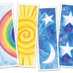 Bookmarks - Set of 4 - The Sky Series - Rainbow, Sun, Moon, Stars, Handmade, 100% cotton rag heavy weight paper