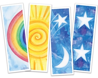 Bookmarks - Set of 4 - The Sky Series - Rainbow, Sun, Moon, Stars, Handmade, 100% cotton rag heavy weight paper