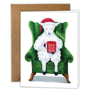 Cartão de felicitações de Natal Bah Humbug - Design original de ovelha em aquarela com envelope, perfeito para a alegria do Natal
