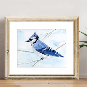 Fine Art Print - Blue Jay - Winter Woodland Animals Series - Watercolor Art Print with White Matte, Holiday Gift, Christmas Gift