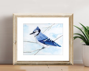 Fine Art Print - Blue Jay - Winter Woodland Animals Series - Watercolor Art Print with White Matte, Holiday Gift, Christmas Gift